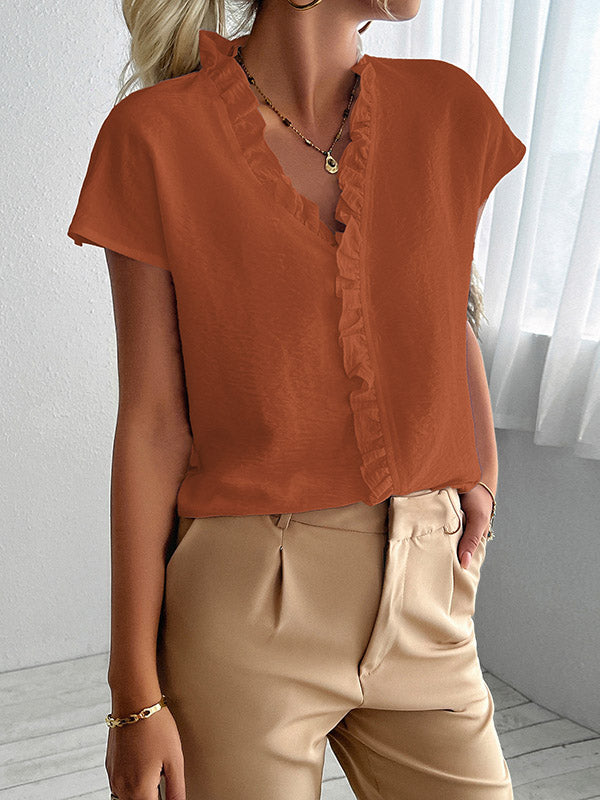 Ruffle Trim Solid Color Loose Short Sleeves V-Neck Blouses&Shirts Tops