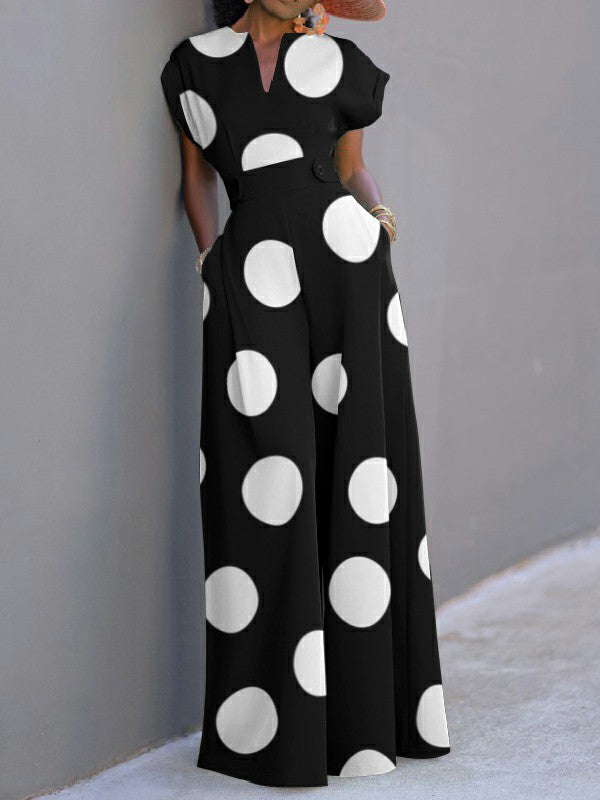 Polka-Dot Short Sleeves Wide Leg V-Neck Jumpsuits