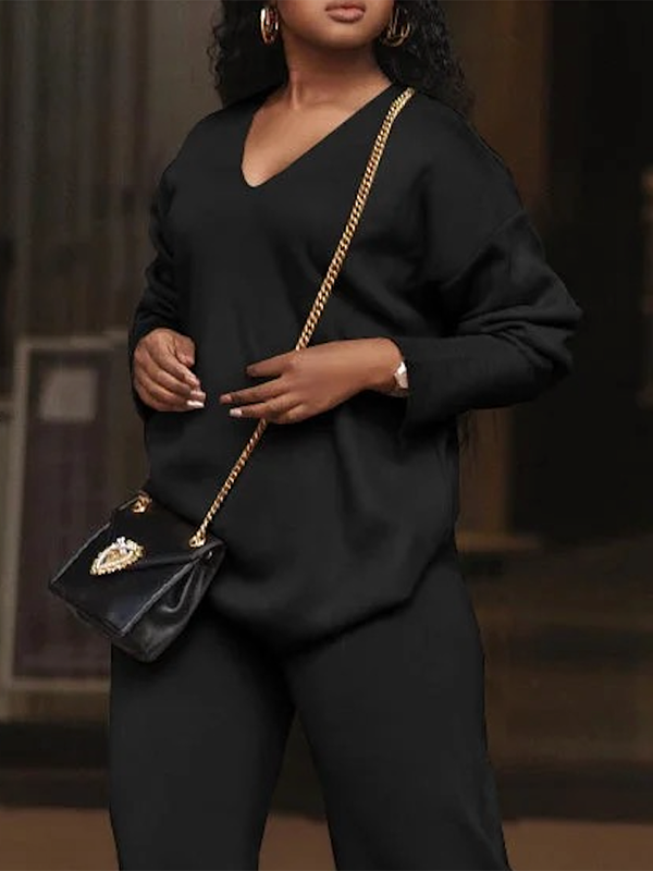 Long Sleeves Loose Solid Color V-Neck Pullovers