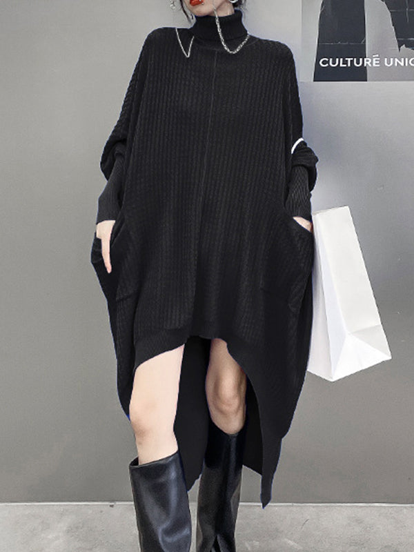 Pockets Solid Color Batwing Sleeves High-Low High-Neck Sweater Dresses Midi Dresses