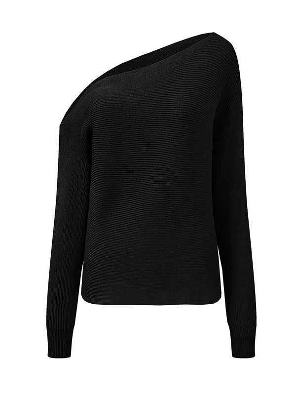 Asymmetric Solid Color Long Sleeves Loose One-Shoulder Sweater Tops Pullovers