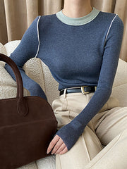Contrast Color Split-Joint Long Sleeves Skinny Round-Neck Sweater Tops Pullovers