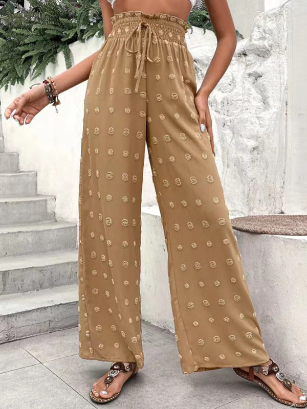 Drawstring Elasticity Jacquard Solid Color High Waisted Loose Trousers Pants