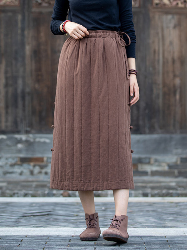 Elasticity Quilted Split-Joint Split-Side Tied Waist Velvet A-Line Skirts Bottoms