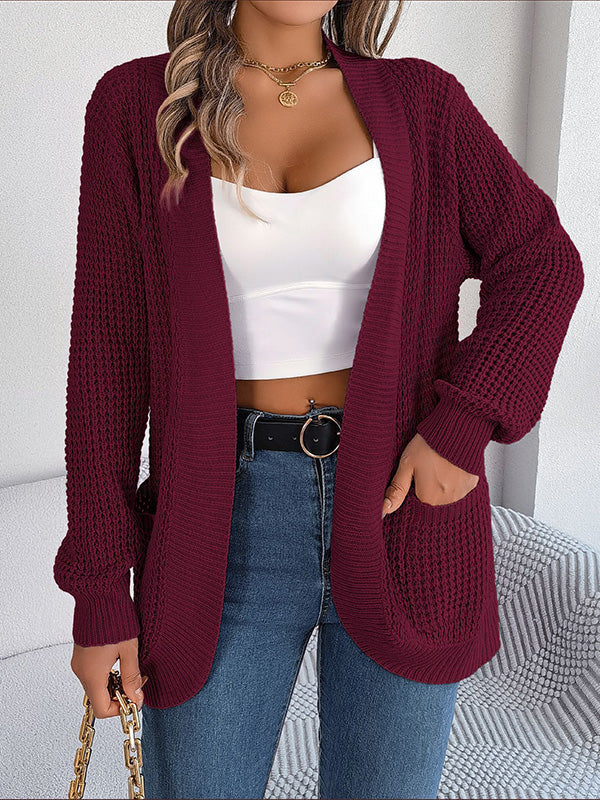 Pockets Solid Color Long Sleeves Loose Collarless Cardigan Tops