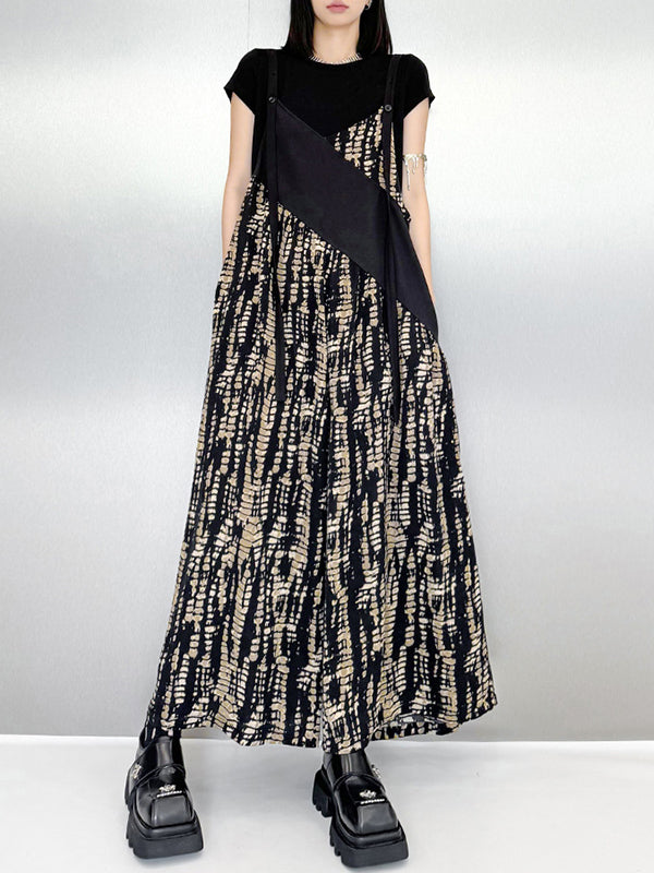 Asymmetric Contrast Color Printed Split-Joint Loose Sleeveless Spaghetti-Neck Overalls