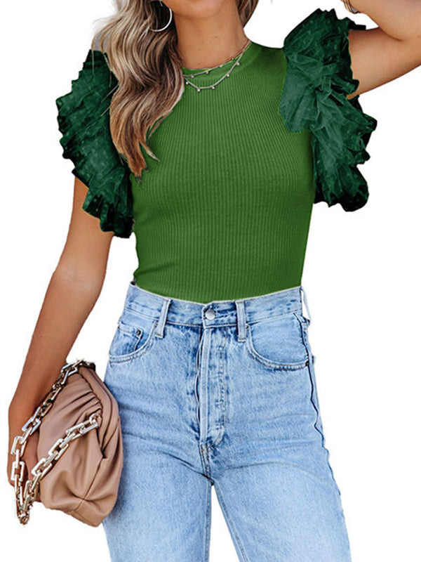 Split-Joint Ruffle Sleeves Skinny Round-Neck T-Shirts Tops