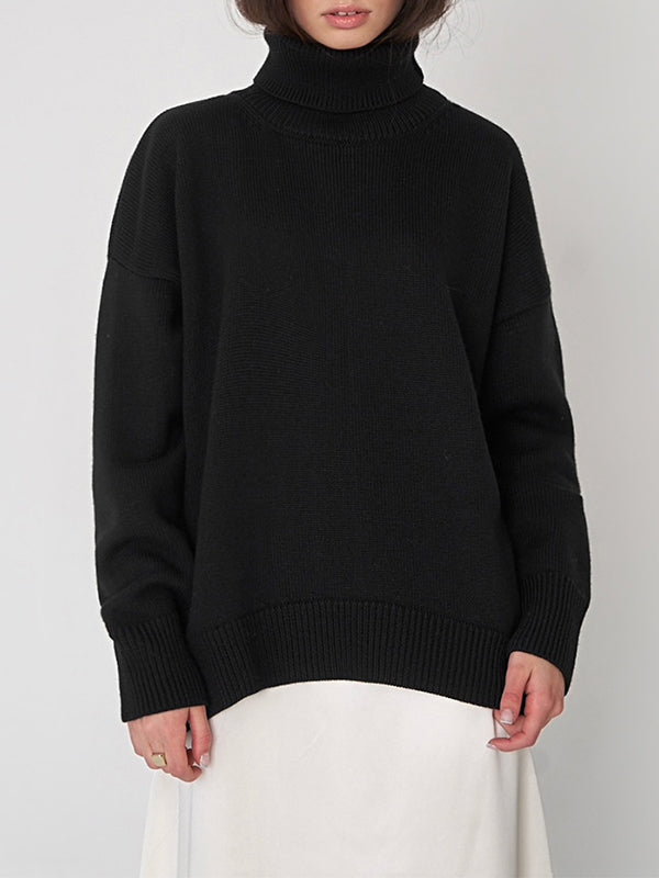 Solid Color Split-Joint High-Low Long Sleeves High Neck Sweater Tops