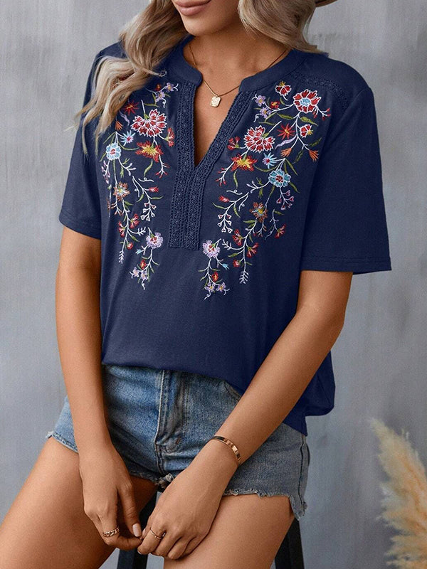 Embroidered Split-Joint Half Sleeves Loose V-Neck T-Shirts Tops