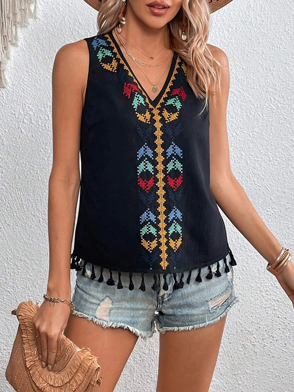 Embroidered Tasseled Loose Sleeveless V-Neck Vest Top