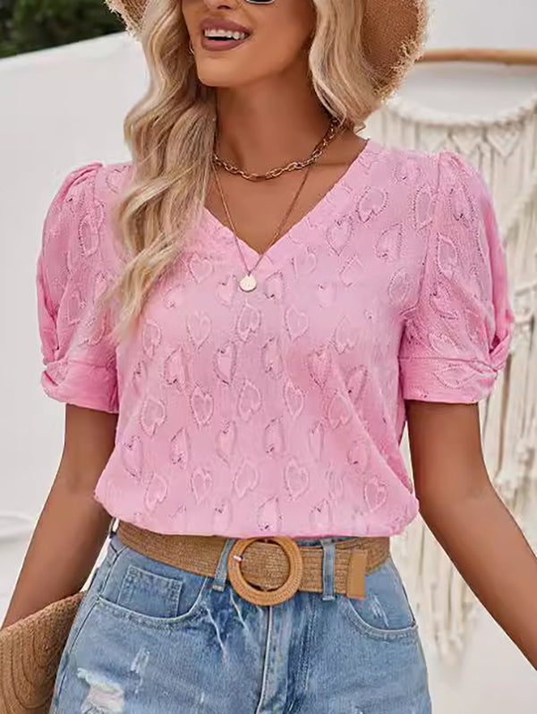 Heart Print Knot Pleated Solid Color Split-Joint Loose Short Sleeves V-Neck T-Shirts Tops