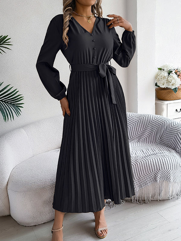 Belted Buttoned Pleated Solid Color High Waisted Long Sleeves V-Neck Maxi Dresses