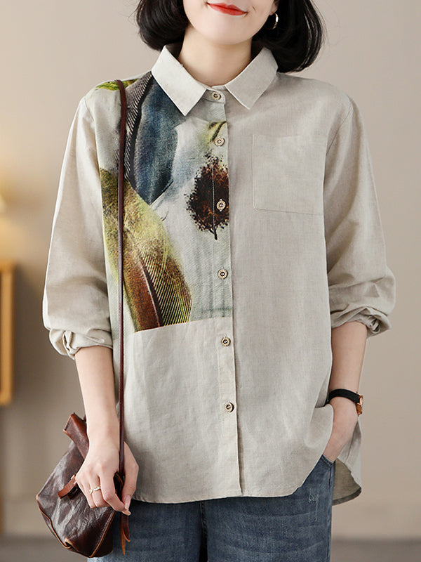 Contrast Color Feathers Printed Long Sleeves Loose Lapel Blouses