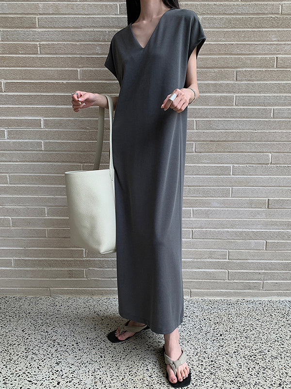 Solid Color Batwing Sleeves Loose V-neck Midi Dresses