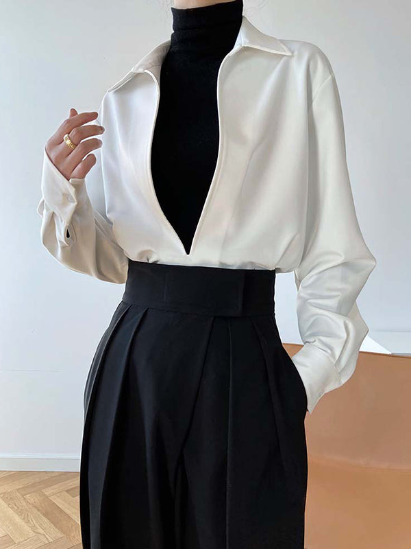 Solid Color Long Sleeves Loose Lapel Blouses