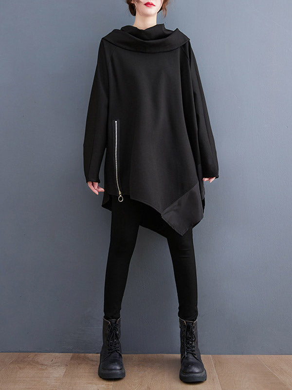 Asymmetric Split-Joint Zipper Long Sleeves Loose Heaps Collar Sweatshirt Tops