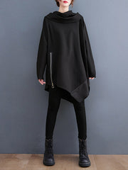 Asymmetric Split-Joint Zipper Long Sleeves Loose Heaps Collar Sweatshirt Tops