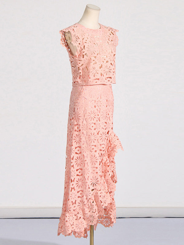 Jacquard Solid Color Flower Print Hollow Round-Neck Vest Top + Ruffle Trim Bodycon High-Low Skirts Bottom Two Pieces Set