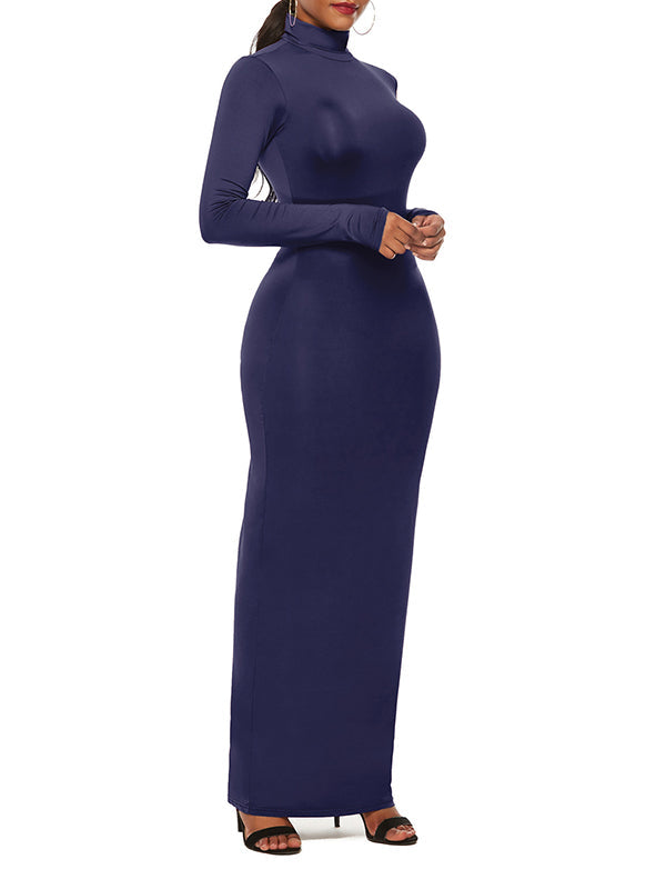 Solid Color Bodycon Long Sleeves High Neck Maxi Dresses