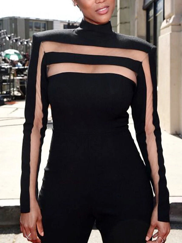 Mesh Solid Color Split-Joint Long Sleeves Skinny High Neck T-Shirts Tops