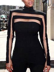 Mesh Solid Color Split-Joint Long Sleeves Skinny High Neck T-Shirts Tops