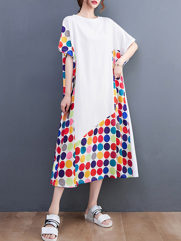Multi-Colored Polka-Dot Split-Joint Loose Short Sleeves Round-Neck Midi Dresses