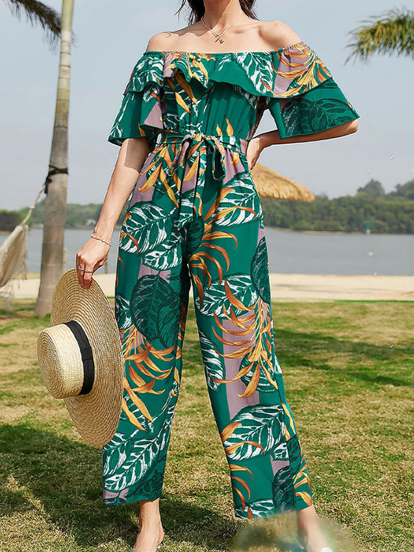 Elasticity Leaves Print Ruffled Tied Waist Half Sleeves Loose Off-The-Shoulder Jumpsuits