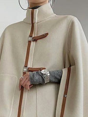 Buckle Long Sleeves Loose High Neck Woolen Outerwear