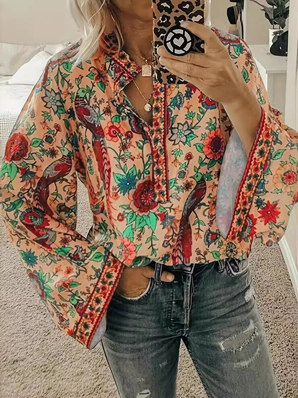 Flower Print Flared Sleeves Long Sleeves V-Neck Blouses&Shirts Tops