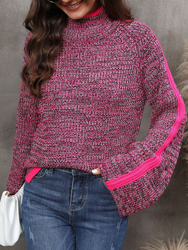 Casual Long Sleeves Loose Contrast Color Half Turtleneck Sweater Tops