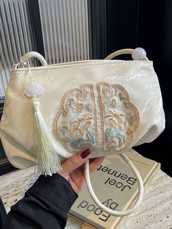 Embroidered Pleated Tasseled Zipper Crossbody Bags