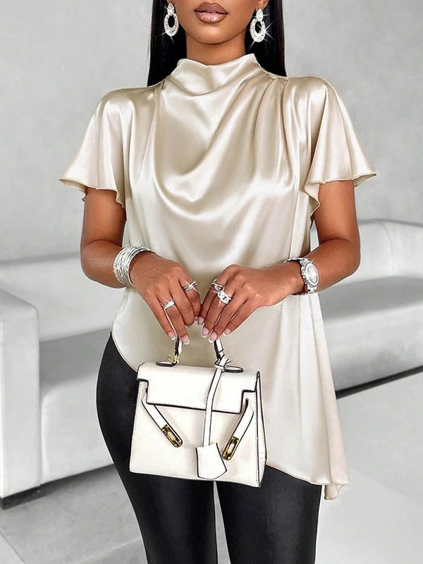 Asymmetric Solid Color Loose Short Sleeves Mock Neck Blouses&Shirts Tops