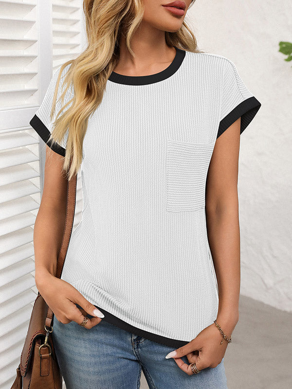 Colorful Contrast Color Pockets Loose Short Sleeves Round-neck T-Shirts Tops