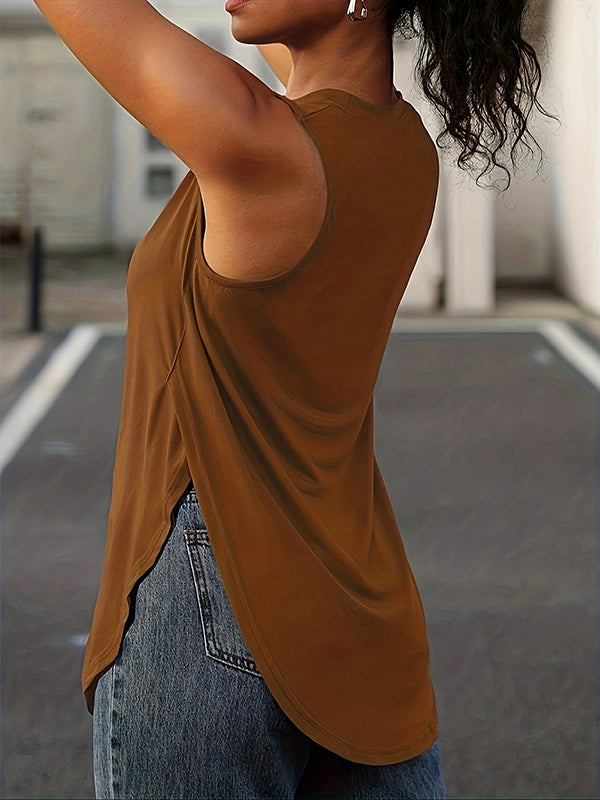 Solid Color Split-Side Loose Sleeveless Round-Neck Vest Top Cover-Ups Tops
