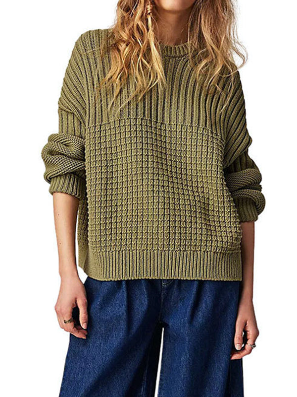 Solid Color Long Sleeves Loose Round-Neck Sweater Tops Pullovers