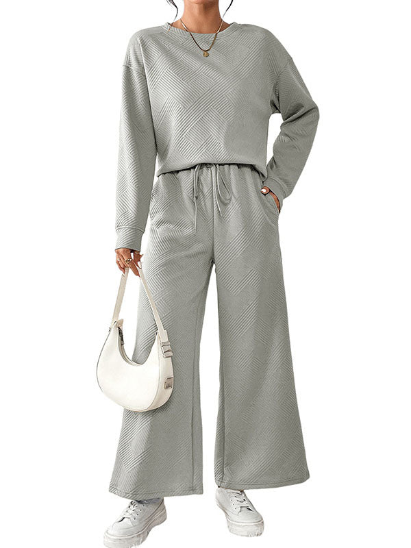 Round-Neck Long Sleeves Loose Solid Color Shirts Top + Drawstring Pants Bottom Two Pieces Set