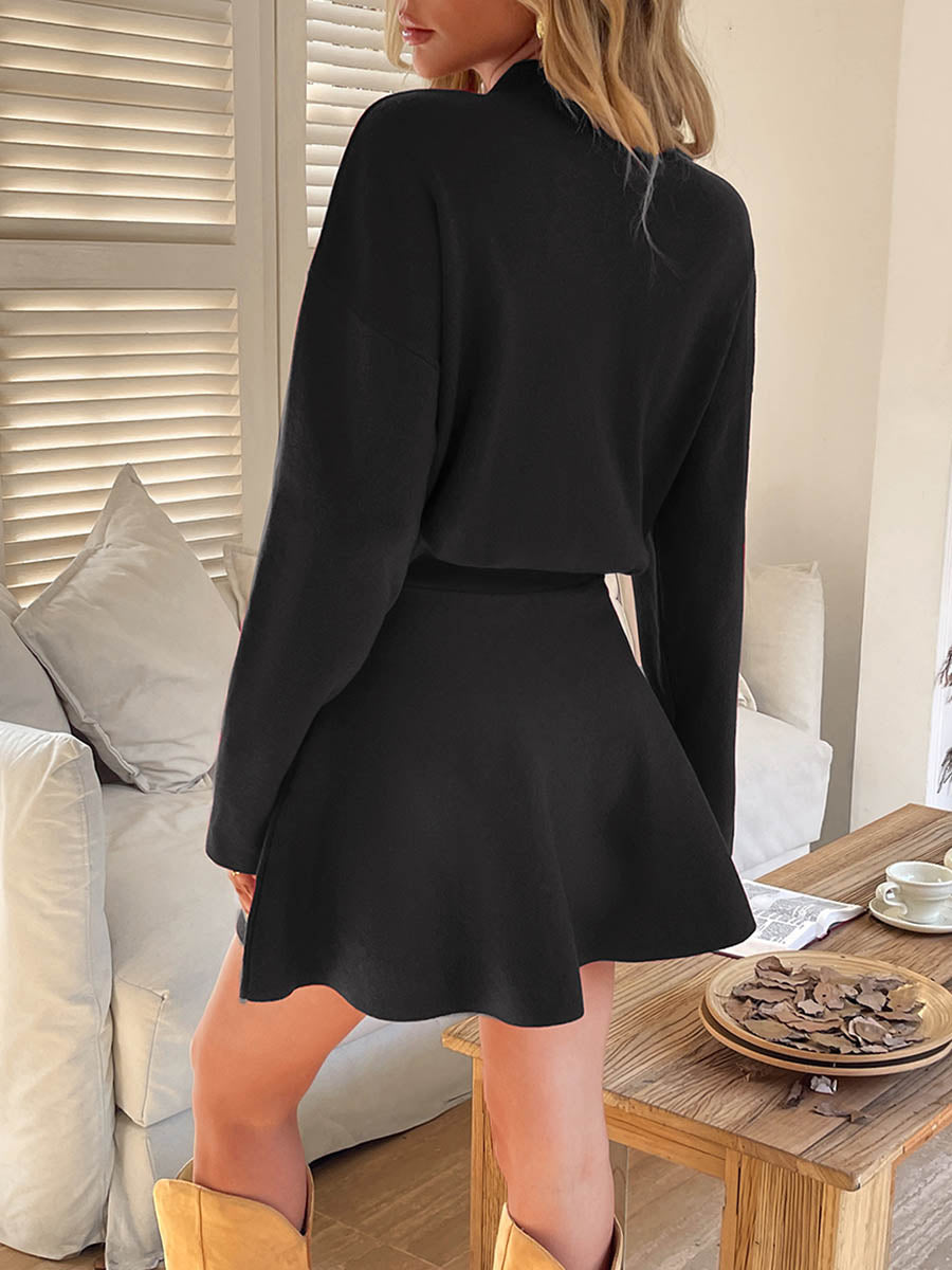 Elasticity Solid Color A-line High Waisted Round-neck Sweater Dresses Mini Dresses