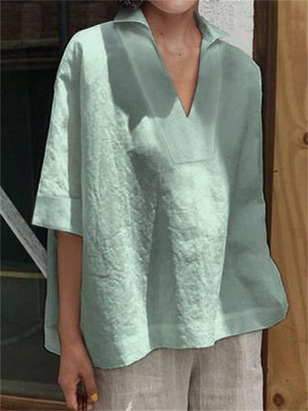 Solid Color Loose Three-Quarter Sleeves Lapel T-Shirts Tops