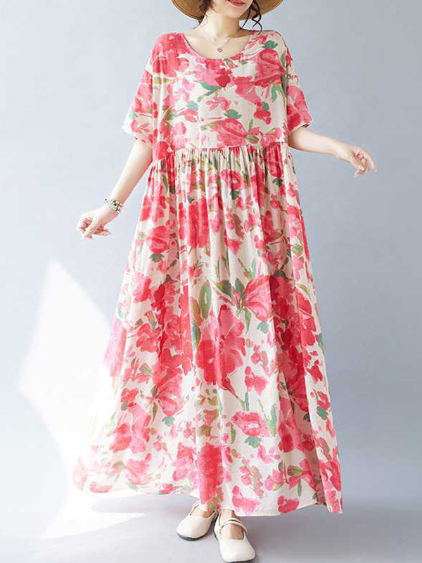 Flower Print Pleated Split-Joint A-line Batwing Sleeves Round-neck Midi Dresses