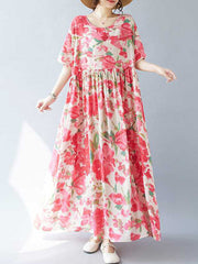 Flower Print Pleated Split-Joint A-line Batwing Sleeves Round-neck Midi Dresses