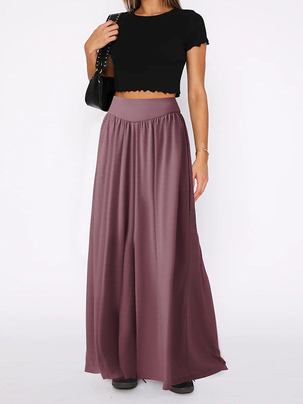 Pleated Pockets Solid Color Split-Joint High Waisted Loose Trousers Pants
