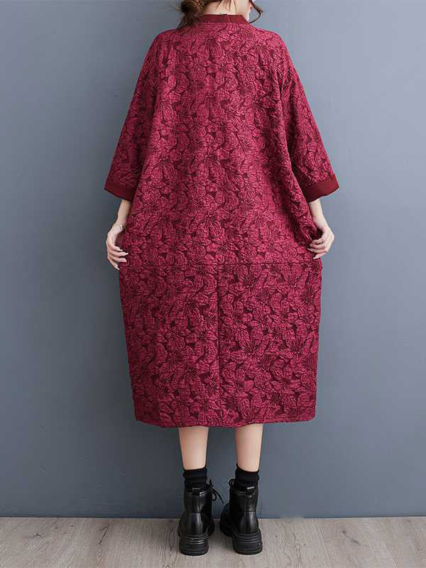 Asymmetric Buttoned Jacquard A-line Half Sleeves V-neck Midi Dresses