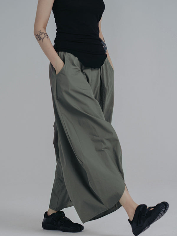 Simple Loose Elasticity Waist Wide Leg Solid Color Pants