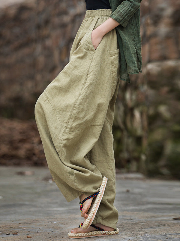 Elasticity Pockets Solid Color Split-Joint Loose Pants Cropped Trousers