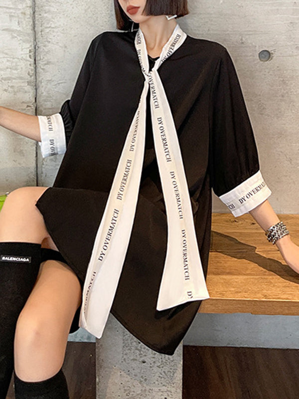 Contrast Color Lace-Up Letter Print Split-Joint Loose Short Sleeves Stand Collar Blouses