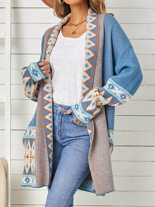 Contrast Color Long Sleeves Loose Collarless Cardigan Tops