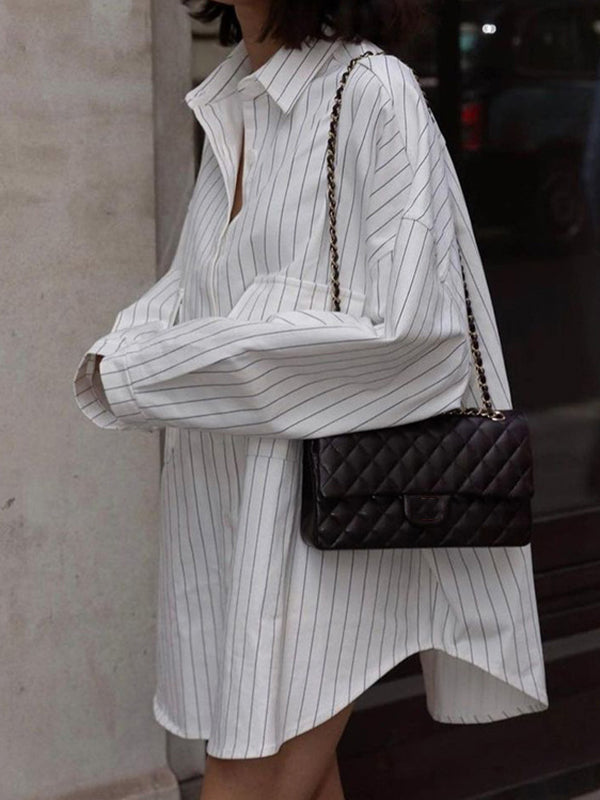 Split-Joint Striped Irregular Clipping Long Sleeves Lapel Blouses