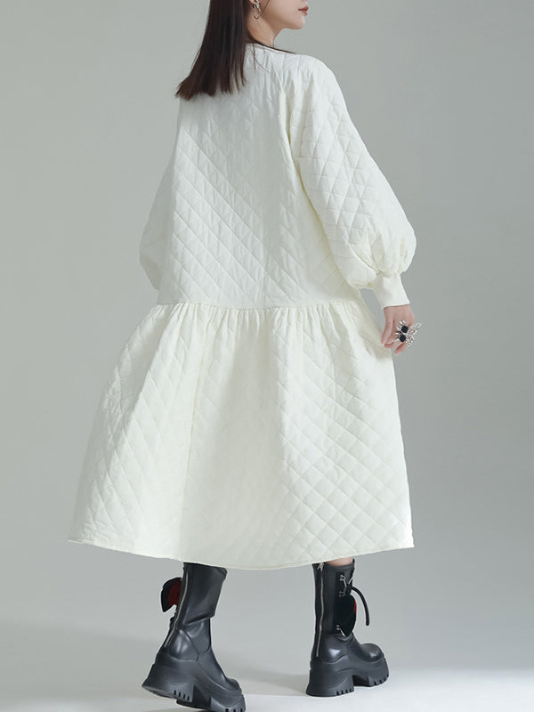 Pleated Quilted Split-Joint Long Sleeves Loose Round-Neck Midi Dresses