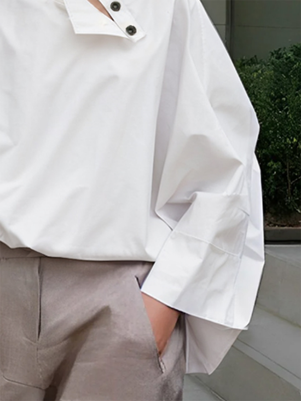Buttoned Solid Color Long Sleeves Loose Stand Collar Blouses&Shirts Tops