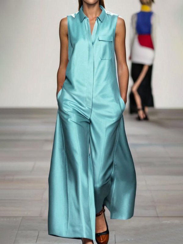 Pockets Solid Color Loose Sleeveless Lapel Jumpsuits